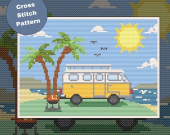 Retro Camper Van Cross Stitch Pattern - Vintage VW Bus PDF Embroidery Design for Van Life Enthusiasts