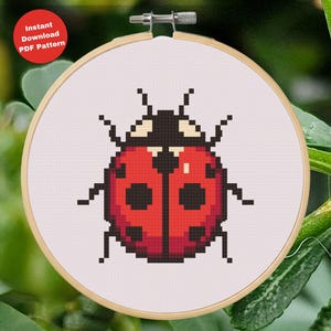 Può includere: Un telaio da ricamo a punto croce con un disegno di coccinella pixelata. La coccinella è rossa con macchie nere e una testa nera. Il testo "Instant Download PDF Pattern" è in un cerchio rosso. Il telaio è in legno.