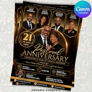 May include: A black and gold flyer template for a 21st pastoral anniversary celebration. It features portraits of church leaders, the text Pastoral Anniversary, Celebrating 21 Years of Faithful Leadership, and event details for December 14, 2026.