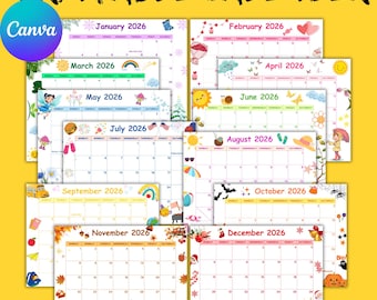 Druckbarer Kalender 2026 für Kinder Kalender 2026 Kalender Süßer Kalender Homeschool Kalender Druckbarer Monatskalender Kinder bereit zum Drucken PDF