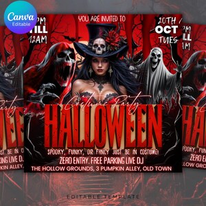 Pode incluir: Um flyer de festa &agrave; fantasia de Halloween com um esquema de cores vermelho e preto. O flyer apresenta uma mulher com um chap&eacute;u de bruxa, fantasmas e a palavra "HALLOWEEN". O texto inclui "Spooky, Funky, or Fancy Just Be in Costume!" e detalhes do evento.