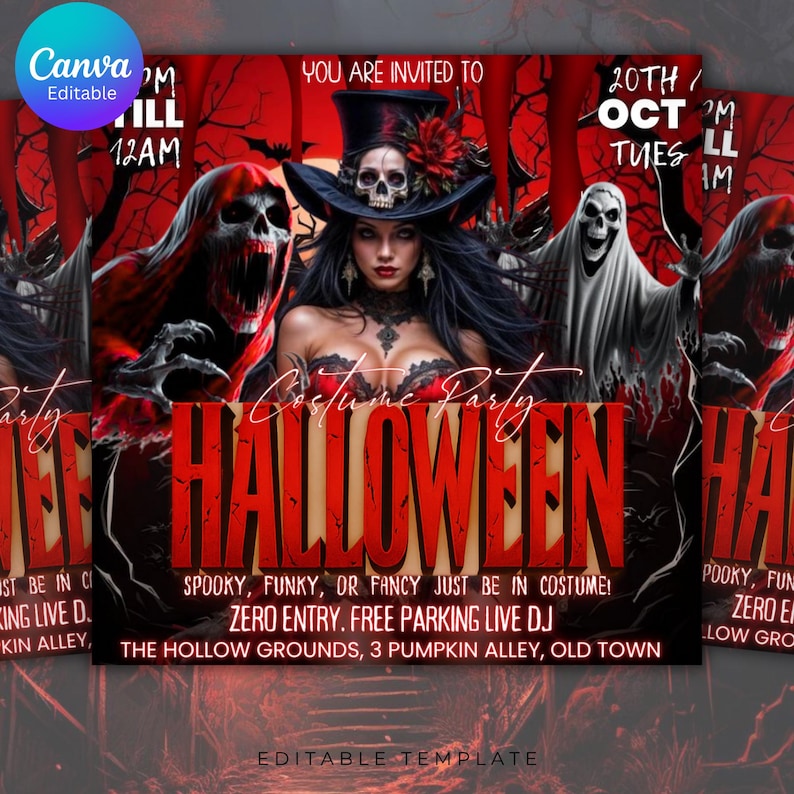 Pode incluir: Um flyer de festa &agrave; fantasia de Halloween com um esquema de cores vermelho e preto. O flyer apresenta uma mulher com um chap&eacute;u de bruxa, fantasmas e a palavra "HALLOWEEN". O texto inclui "Spooky, Funky, or Fancy Just Be in Costume!" e detalhes do evento.
