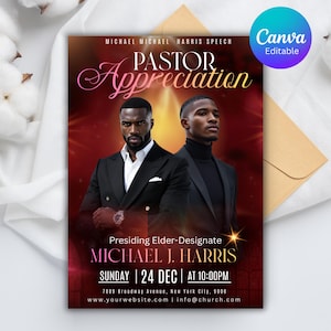 Könnte beinhalten: Flyer für eine Pastor Appreciation-Veranstaltung. Das Design zeigt zwei Männer in Anzügen vor einem rot-goldenen Farbverlauf. Der Text enthält "Pastor Appreciation", den Namen "Michael J. Harris" und Veranstaltungsdetails.