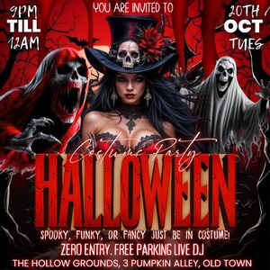 Pode incluir: Convite para uma festa &agrave; fantasia de Halloween com esquema de cores vermelho e preto. A imagem apresenta uma mulher com uma cartola com uma caveira, fantasmas e a palavra "HALLOWEEN" em letras vermelhas grandes. O texto fornece detalhes da festa.