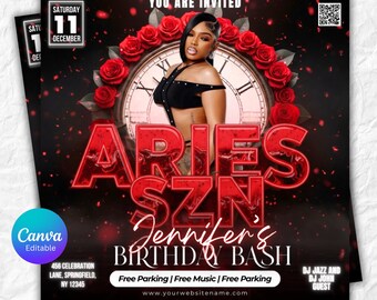 Flyer de aniversário para o signo de Áries, Modelos de Flyer de Aniversário, Flyer para Festa de Aniversário de Menina, Flyer de Celebração, Convite para Flyer de Aniversário em Preto e Prata