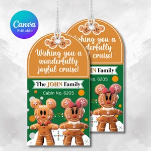 Peut inclure: Deux étiquettes de bagages de croisière sur le thème du pain d'épices. Les étiquettes ont un dessus orange avec le texte "Wishing you a wonderfully joyful cruise!" et un bas vert avec "The JOHN Family" et "Cabin No. 6205".