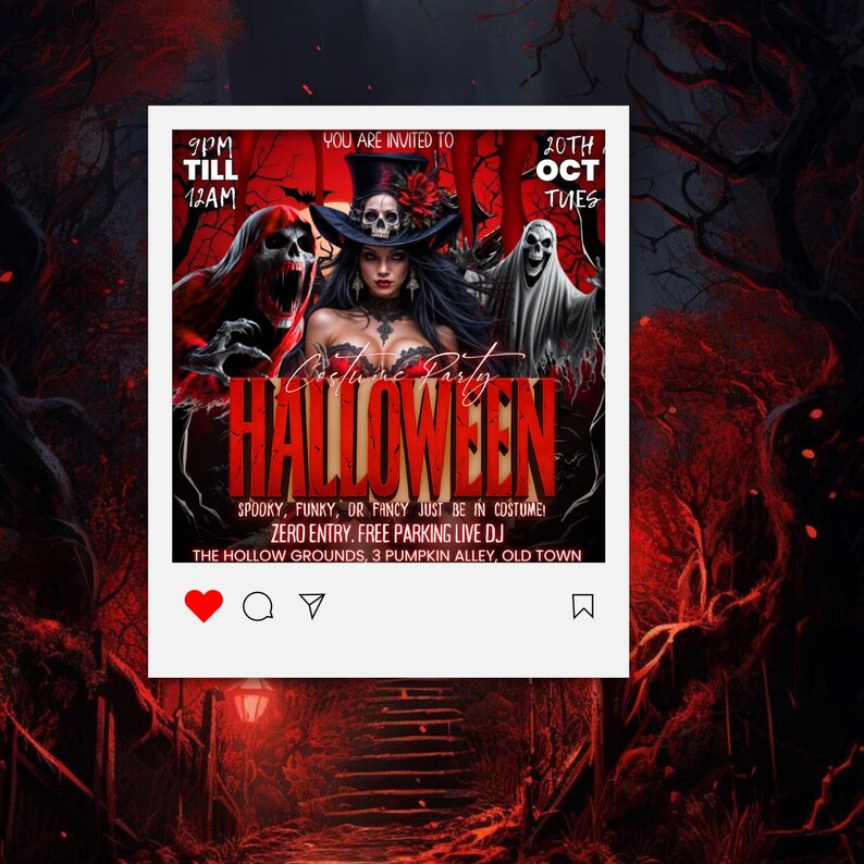 Pode incluir: Um convite para uma festa de Halloween com tema assustador. O cartaz apresenta uma mulher com uma fantasia de bruxa, caveiras e fantasmas. O texto inclui "Festa &agrave; Fantasia" e detalhes do evento.