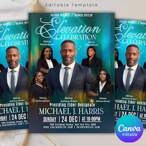 May include: A promotional flyer for the "Elevation Celebration" event, featuring a portrait of Michael J. Harris. The design includes teal and blue gradients, event details, and the Canva logo. The text includes "Presiding Elder-Designate" and "Sunday | 24 DEC | AT 10:00PM."