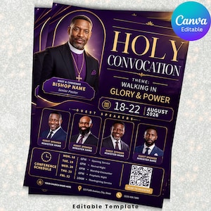 May include: A purple and gold flyer template for a Holy Convocation event. It features a portrait of a bishop, four guest speakers, the theme Walking in Glory & Power, dates 18-22 August 2026, a conference schedule, and a QR code for registration.