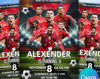 Invitación de cumpleaños de Ronaldo, invitación de CR7, invitación editable de Ronaldo, invitación de fútbol, plantilla de Canva, descarga instantánea, para cualquier edad