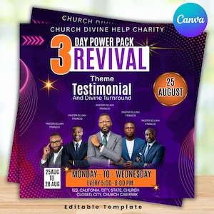 Puede incluir: Folleto púrpura con el texto "3 Revival" y "Testimonial". Presenta un grupo de hombres con trajes y la fecha "25 de agosto". El folleto es para un evento de la iglesia.