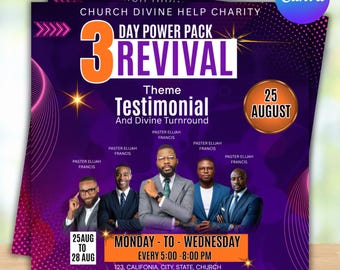 May include: Purple flyer with the text "3 Revival" and "Testimonial". Features a group of men in suits and the date "25 August". The flyer is for a church event.