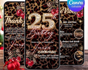 Convite de aniversário de 25 anos com estampa de oncinha, flyer de festa com cereja vermelha (download digital, modelo do Canva)