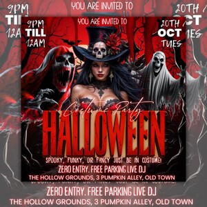 Pode incluir: Convite para uma festa &agrave; fantasia de Halloween em vermelho e preto. A imagem apresenta uma mulher com um chap&eacute;u de bruxa com uma caveira, rodeada por figuras assustadoras e a palavra "HALLOWEEN". O texto inclui detalhes da festa.