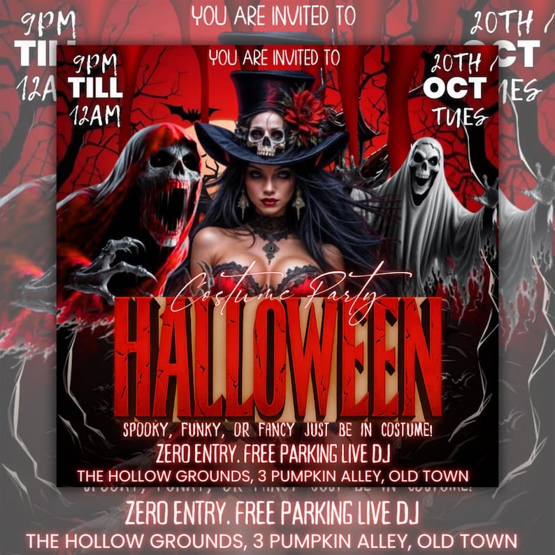 Pode incluir: Convite para uma festa &agrave; fantasia de Halloween em vermelho e preto. A imagem apresenta uma mulher com um chap&eacute;u de bruxa com uma caveira, rodeada por figuras assustadoras e a palavra "HALLOWEEN". O texto inclui detalhes da festa.
