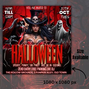 Pode incluir: Convite para uma festa de Halloween com tema vermelho e preto. A imagem apresenta uma mulher com um chap&eacute;u alto com uma caveira, rodeada por figuras assustadoras e a palavra "HALLOWEEN". O texto inclui detalhes da festa.