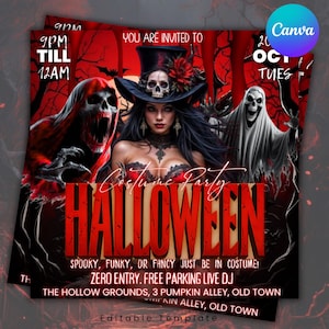 Pode incluir: Convite para uma festa &agrave; fantasia de Halloween com tema vermelho e preto. O flyer apresenta uma mulher com cartola com caveira, fantasmas e a palavra "Halloween". Inclui detalhes do evento.