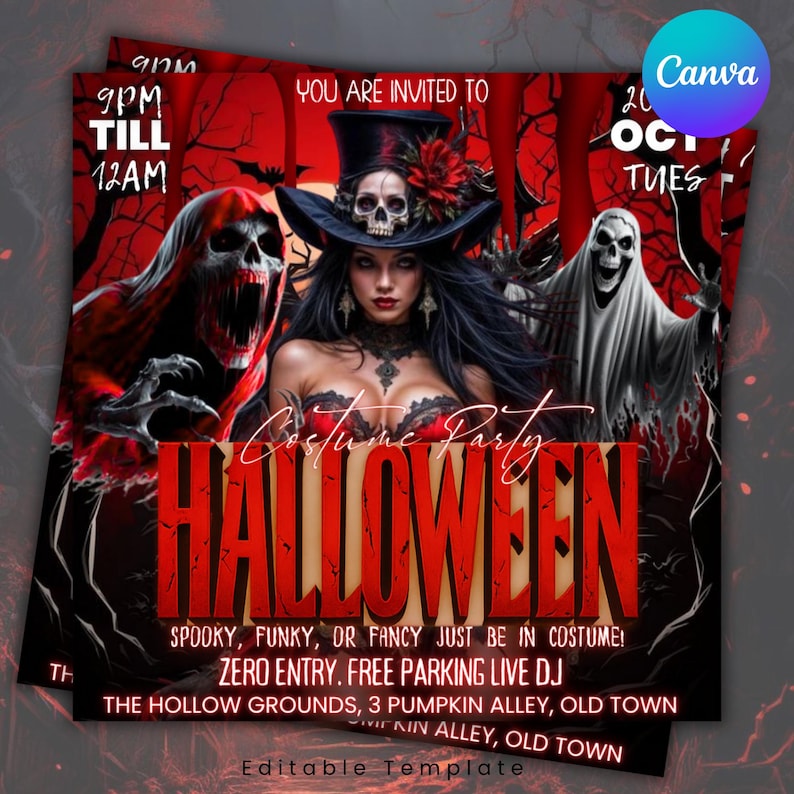 Pode incluir: Convite para uma festa &agrave; fantasia de Halloween com tema vermelho e preto. O flyer apresenta uma mulher com cartola com caveira, fantasmas e a palavra "Halloween". Inclui detalhes do evento.