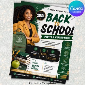 May include: A flyer template for a 2026 Back to School Prayer and Worship Night at River City Church. It features a person in a yellow blazer, a green backpack, a stack of books, and a green apple. Text includes event details and Proverbs 16:3.