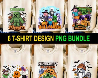 Minecraft Halloween T-Shirt Design PNG Bundle | Creeper Ghost Pumpkin Digital Download | 6 PNG Clipart for Sublimation & DIY Crafts