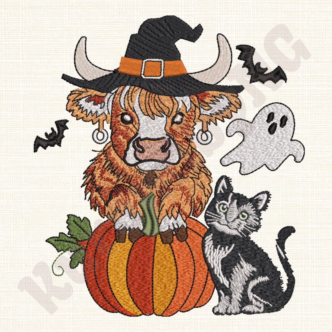 Highland Cow Ghost Embroidery Design: Western Halloween (digital ...