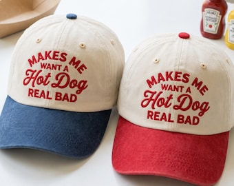 Gorra de camionero bordada con la frase "Me dan muchas ganas de comer un perrito caliente"