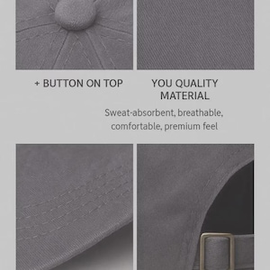 Puede incluir: Primer plano de una gorra de b&eacute;isbol gris con un bot&oacute;n en la parte superior. La gorra presenta costuras limpias y una correa ajustable. El material es absorbente del sudor, transpirable y c&oacute;modo. El texto de la imagen dice "YOU QUALITY MATERIAL".