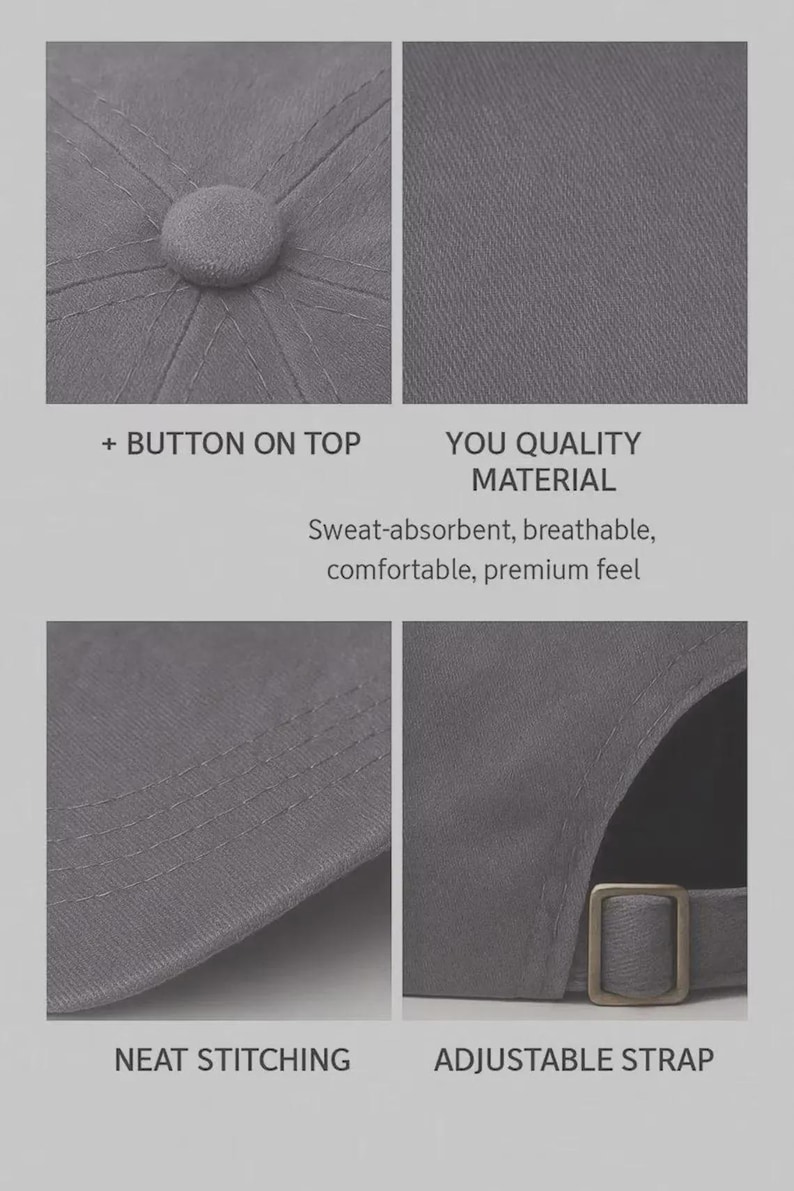 Puede incluir: Primer plano de una gorra de b&eacute;isbol gris con un bot&oacute;n en la parte superior. La gorra presenta costuras limpias y una correa ajustable. El material es absorbente del sudor, transpirable y c&oacute;modo. El texto de la imagen dice "YOU QUALITY MATERIAL".