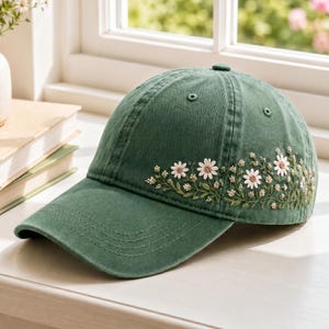 Hand Embroidered Daisy Bee Baseball Cap, Vintage Wildflower Floral Cotton Hat