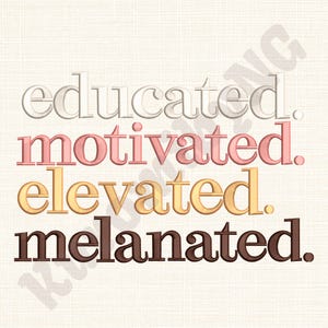 Könnte beinhalten: Digitales Bild mit den Wörtern "educated", "motivated", "elevated" und "melanated" übereinander angeordnet. Jedes Wort hat eine andere Farbe: hellgrau, rosa, gold und braun. Der Hintergrund ist hellbeige mit Textur.