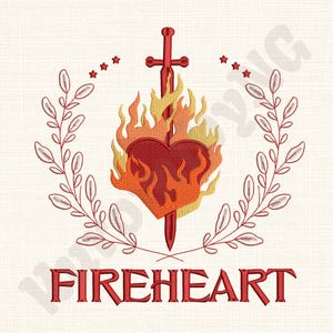 May include: Embroidered design featuring a flaming heart pierced by a sword, surrounded by a laurel wreath and stars. The word "FIREHEART" is displayed below the central image in a bold, red font. The design is on a cream-colored background.