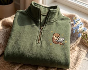 Broderad tröja med havsutter och kvarts dragkedja, mysig tröja med dragkedja för älskare