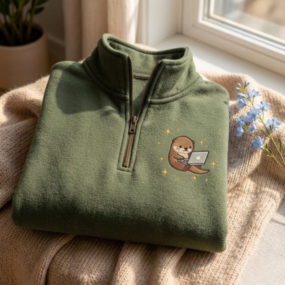Embroidered Sea Otter Quarter Zip Sweatshirt, Cozy Lover Zip Sweater