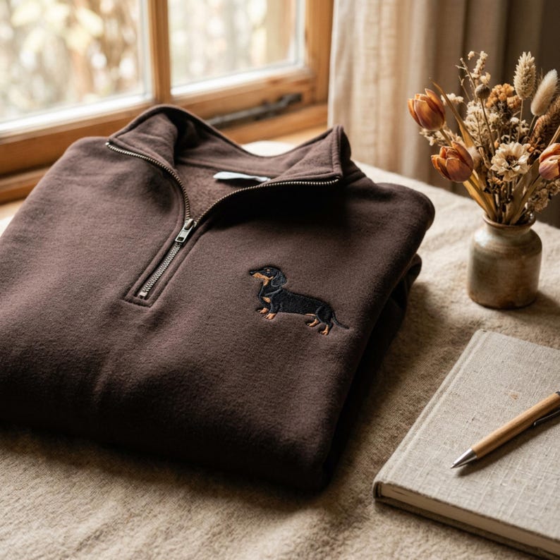 Broderad Dachshund Mom Quarter Zip, Minimalistisk Korvhundtröja bild 3