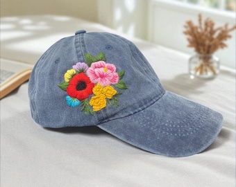 カスタムハンド刺繍の花柄帽子、オレンジ色の花の刺繍入りキャップ