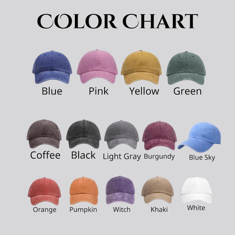 Op de afbeelding: Een kleurenkaart toont honkbalpetten in verschillende kleuren. De kleuren zijn onder meer blauw, roze, geel, groen, koffie, zwart, lichtgrijs, bordeaux, hemelsblauw, oranje, pompoen, heks, kaki en wit. De tekst "COLOR CHART" staat bovenaan.