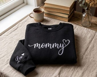 Custom Embroidered Mommy Sweatshirt, Kid Name Sleeve Detail
