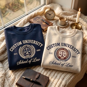 Peut inclure: Deux sweat-shirts à col rond, un bleu marine et un crème, arborant chacun le texte brodé CUSTOM UNIVERSITY, EST. 1889 et School of Law, avec un emblème circulaire central représentant une balance de justice entourée d'une couronne de laurier.