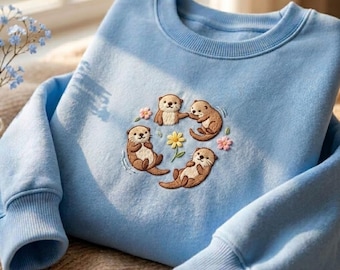 Embroidered Sea Otters Crewneck Sweatshirt, Ocean Wildlife Animal Lover Gift
