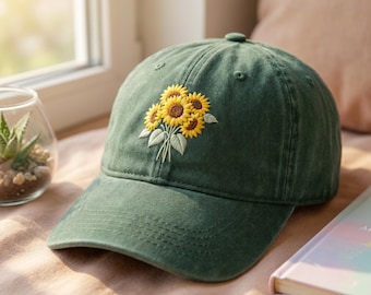 Embroidered Sunflower Hat, Floral Baseball Cap, Nature Lover Gift