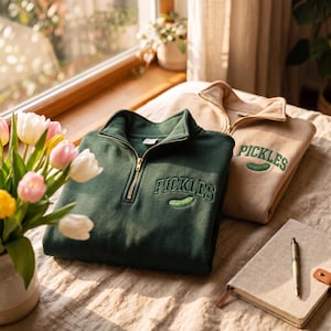 Op de afbeelding: Een donkergroene en een beige sweater met een korte rits, beide voorzien van het woord PICKLES geborduurd in donkergroene letters boven een kleine groene augurk-afbeelding. De sweaters hebben goudkleurige ritsen en opstaande kragen.