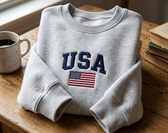 Sweatshirt met geborduurde Amerikaanse vlag – comfortabele katoenmix met ronde hals
