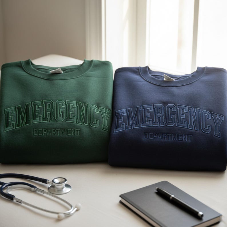May include: Two crewneck sweatshirts, one dark green and one navy blue, each with "EMERGENCY DEPARTMENT" embroidered across the chest in a collegiate font. A stethoscope, a notebook, and a pen are on the table in front of the sweatshirts.