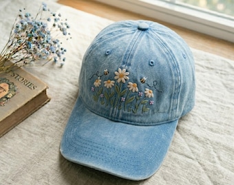 Gorra vaquera con bordado de margaritas y abejas, sombrero bohemio de verano, accesorio de jardinería 100% algodón.