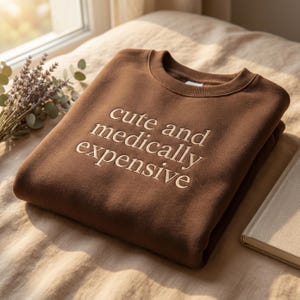 Könnte beinhalten: Ein gefalteter brauner Sweatshirt mit dem gestickten Text "cute and medically expensive" in Creme. Das Sweatshirt liegt auf einer beigen Oberfläche in der Nähe eines Fensters, mit Lavendel und einem Buch im Hintergrund.
