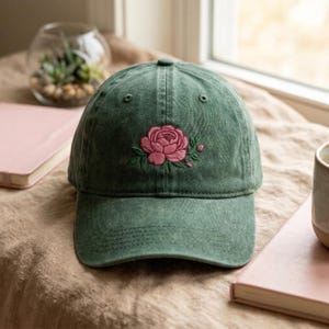 Washed Cotton Cap with Embroidered Peony Flower – Adjustable Strap Hat