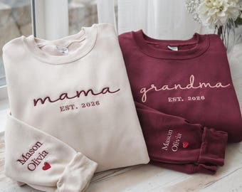 Custom Embroidered Mama Sweatshirt, Name Sleeve, Est Year, Mother's Day Gift