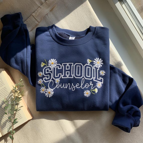 School Counselor Embroidered Sweatshirt, Floral Daisy Design
