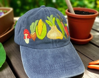 Hand Embroidered Garden Vegetable Hat: Custom Cotton Cap