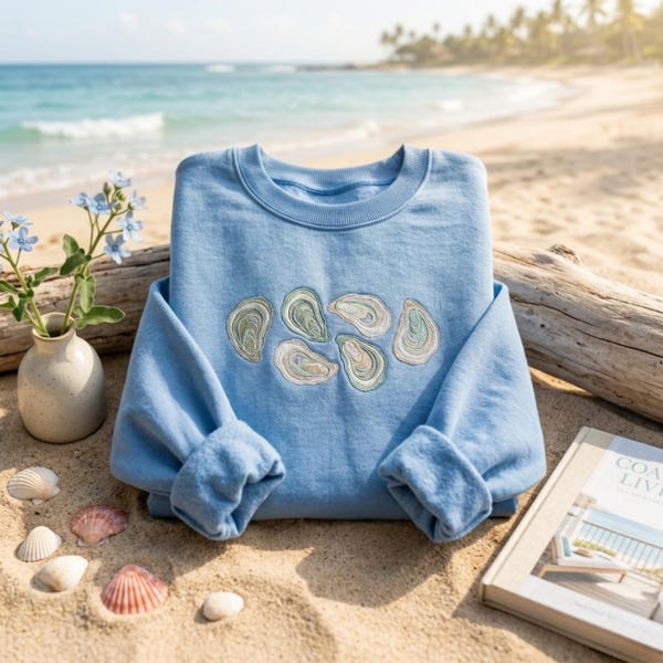 Embroidered Oyster Shell Sweatshirt, Coastal Beach Ocean Graphic Tee